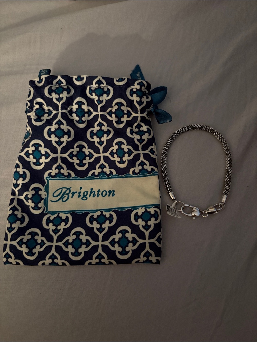 Brighton Silver Mesh Bracelet with Navy and Teal Patterned Pouch